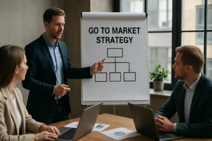 Üzleti meeting a piacra lépési stratégia bemutatásával.