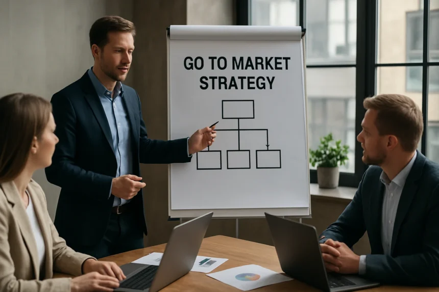 Üzleti meeting a piacra lépési stratégia bemutatásával.