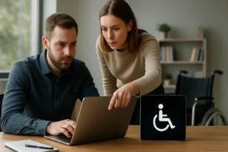 Két ember számítógépen dolgozik, digitális akadálymentesítést terveznek.