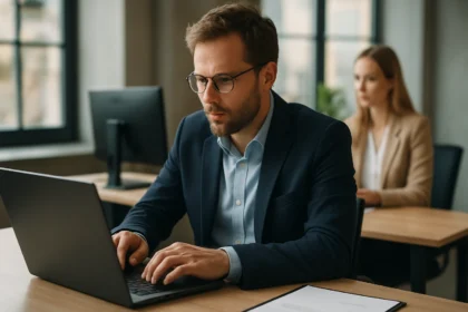 Férfi laptopot használ egy modern irodában, tárgyalópartnerével.