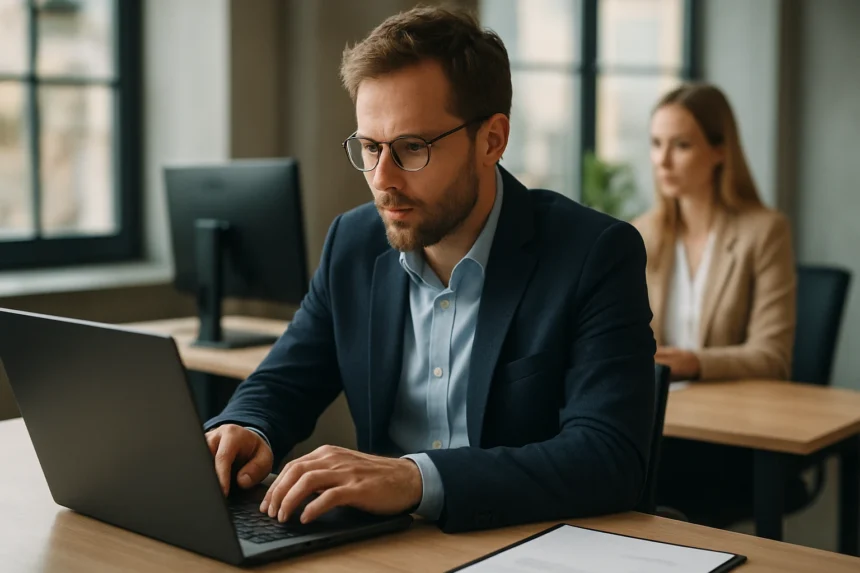 Férfi laptopot használ egy modern irodában, tárgyalópartnerével.