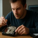 Férfi merevlemez javítószerszámmal a tárhely javításához