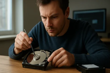 Férfi merevlemez javítószerszámmal a tárhely javításához