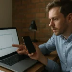 Férfi képernyőképet készít egy laptopon, telefonjával interakcióban.