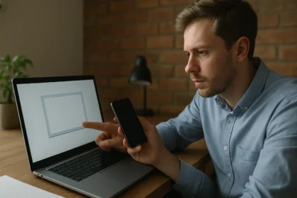 Férfi képernyőképet készít egy laptopon, telefonjával interakcióban.