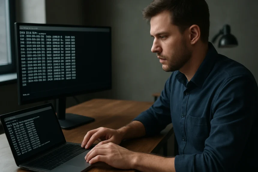 Hálózati szkennelés IT szakember dolgozik a laptopján