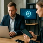 Pénzügyi szakemberek digitális biztonságra összpontosítanak a munkahelyen.