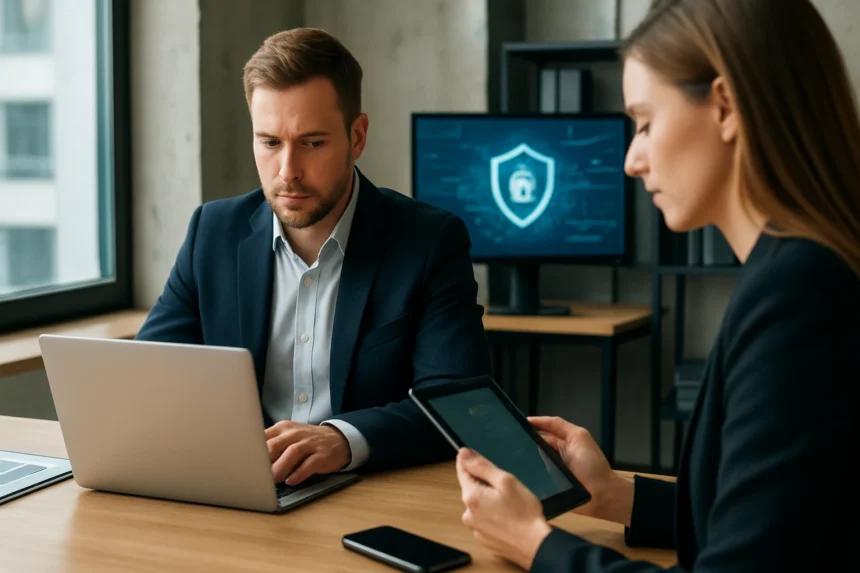 Pénzügyi szakemberek digitális biztonságra összpontosítanak a munkahelyen.