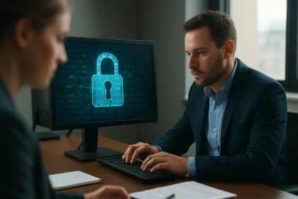 Kiberbiztonsági szakember számítógép előtt, digitális lakat ikon mellett.