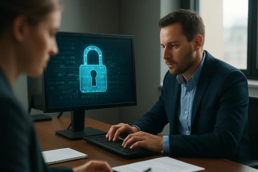 Kiberbiztonsági szakember számítógép előtt, digitális lakat ikon mellett.
