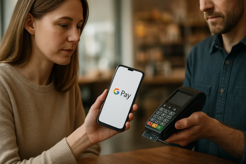 Nő Google Pay alkalmazással készül a fizetésre