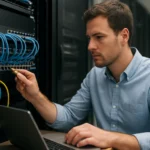 Hálózati technológia: szakember dolgozik az Ethernet kapcsolatokkal.