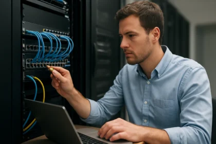 Hálózati technológia: szakember dolgozik az Ethernet kapcsolatokkal.