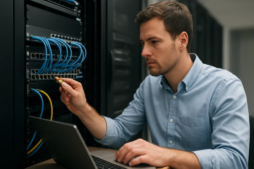 Hálózati technológia: szakember dolgozik az Ethernet kapcsolatokkal.