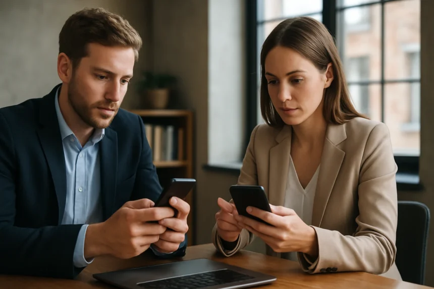 Két szakember telefonokat néz egy modern irodában, hangsúlyozva a digitális hitelesítést.