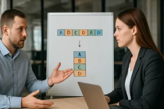 Két szakember diskurál az időosztásos multiplexelésről, ábrával segítve.