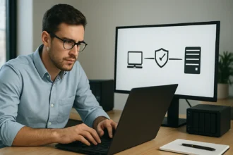 Férfi számítógépet használ, grafikával az SMB protokollról a képernyőn.