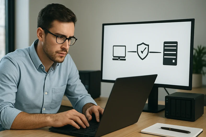 Férfi számítógépet használ, grafikával az SMB protokollról a képernyőn.