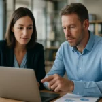 Két üzletember az SAP Business One ERP szoftver használatával elemzi az adatokat.