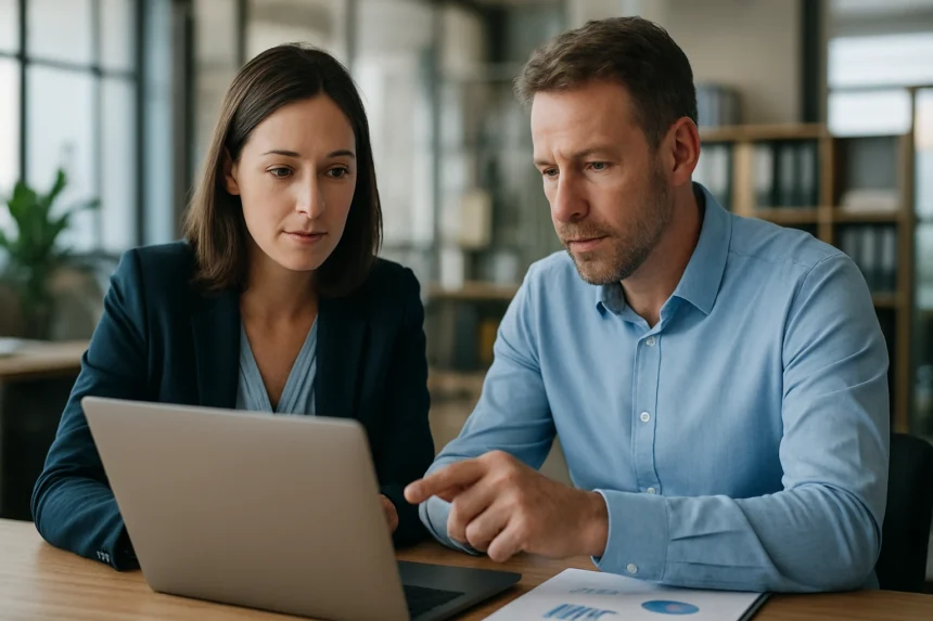 Két üzletember az SAP Business One ERP szoftver használatával elemzi az adatokat.