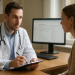 Orvos konzultál egy pácienssel a problémalistáról az egészségügyi dokumentációban.