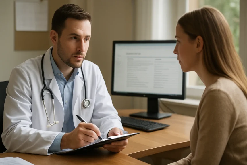 Orvos konzultál egy pácienssel a problémalistáról az egészségügyi dokumentációban.