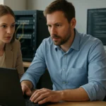 Két szakember konfigurációs feladatot végez, laptopnál ülve.