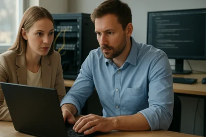 Két szakember konfigurációs feladatot végez, laptopnál ülve.