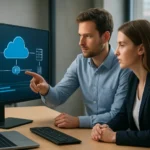 Két szakember egységesített tároló rendszerről beszél egy képernyőn.