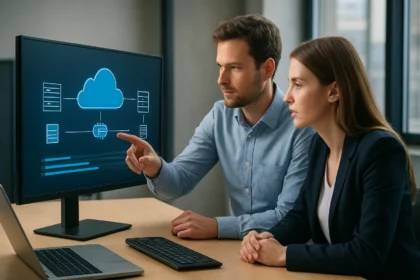 Két szakember egységesített tároló rendszerről beszél egy képernyőn.