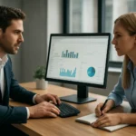 Két üzletember együtt dolgozik egy SAP S/4HANA analitikán.