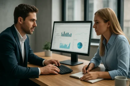 Két üzletember együtt dolgozik egy SAP S/4HANA analitikán.