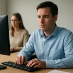 Két személy számítógépnél, a számítógépes megbízhatóság fontosságát hangsúlyozva.