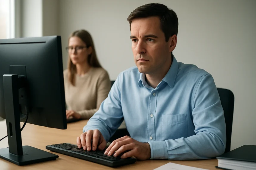 Két személy számítógépnél, a számítógépes megbízhatóság fontosságát hangsúlyozva.