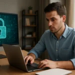 Férfi számítógép előtt titkosítással kapcsolatos munkát végez