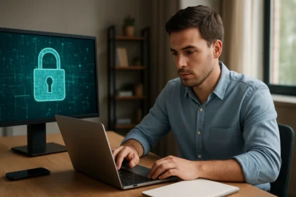 Férfi számítógép előtt titkosítással kapcsolatos munkát végez