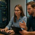 IT szakemberek konfigurációkezelésről beszélgetnek számítógép előtt.