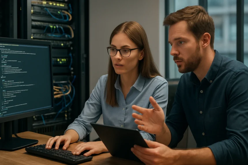 IT szakemberek konfigurációkezelésről beszélgetnek számítógép előtt.