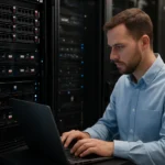 Férfi adatközpontban RAID rendszerrel dolgozik