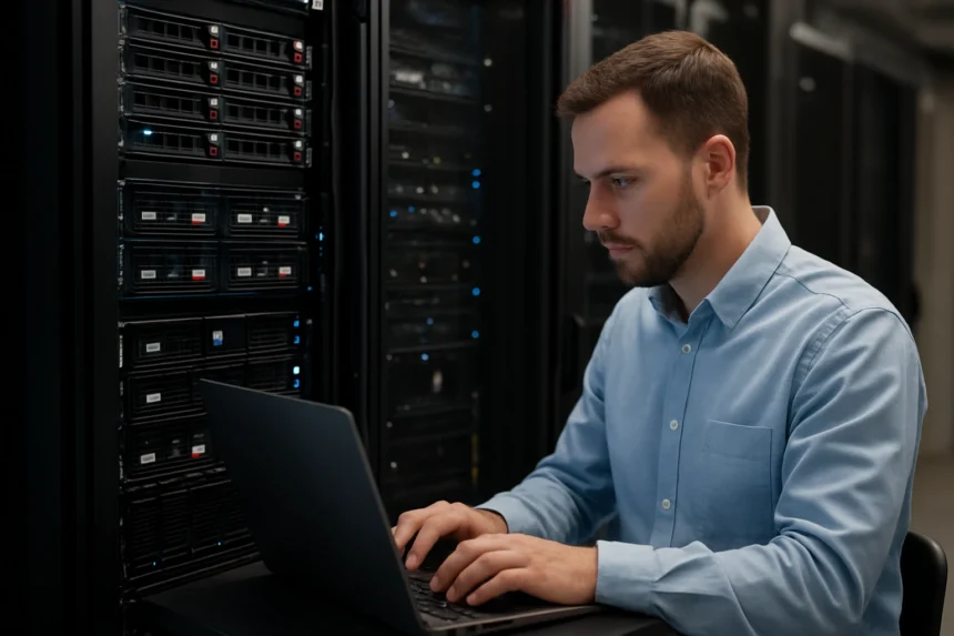 Férfi adatközpontban RAID rendszerrel dolgozik