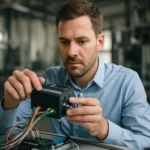 Férfi a CAN busz rendszerén dolgozik ipari környezetben.