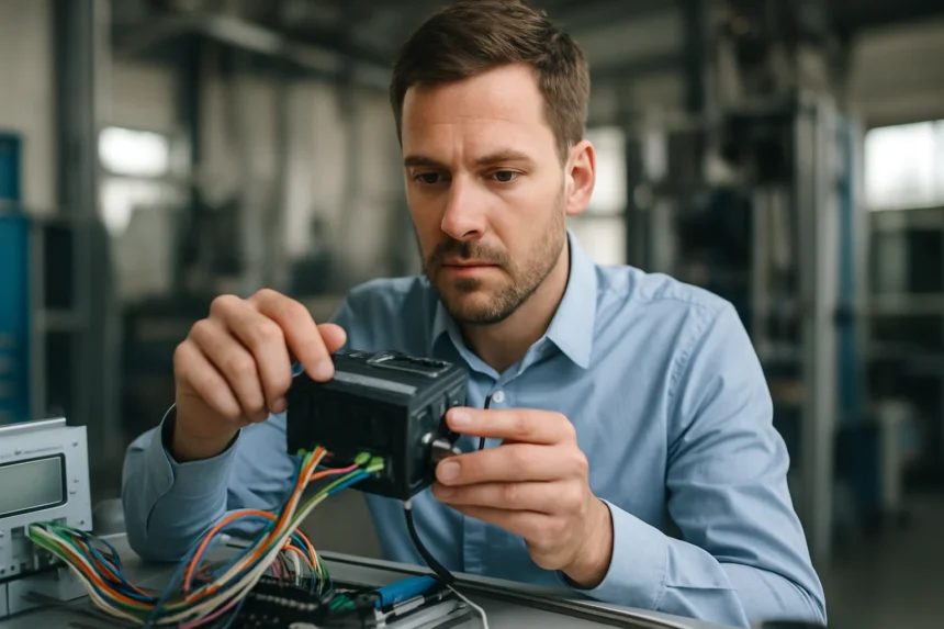 Férfi a CAN busz rendszerén dolgozik ipari környezetben.