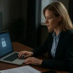 Egy nő számítógépen dolgozik az adatvédelem és banktitok témájában.