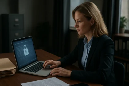 Egy nő számítógépen dolgozik az adatvédelem és banktitok témájában.
