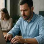 Férfi laptopon dolgozik, figyelmes arckifejezés