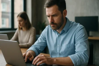 Férfi laptopon dolgozik, figyelmes arckifejezés