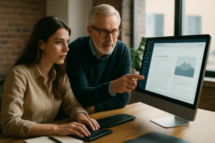 Két személy tartalomkezelő rendszer használatával dolgozik.