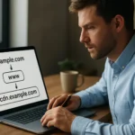 Férfi, aki a DNS CNAME rekordok működését tanulmányozza a laptopján.