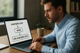 Férfi, aki a DNS CNAME rekordok működését tanulmányozza a laptopján.