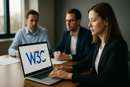 W3C logó a laptop képernyőjén üzleti megbeszélés közben.
